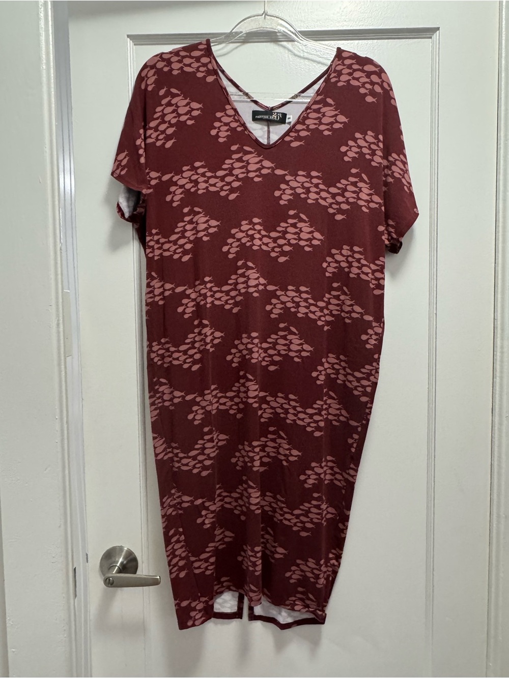 Fighting Eel Women’s Iconic Fish Burgundy & Pink Patterned V-Neck Dress